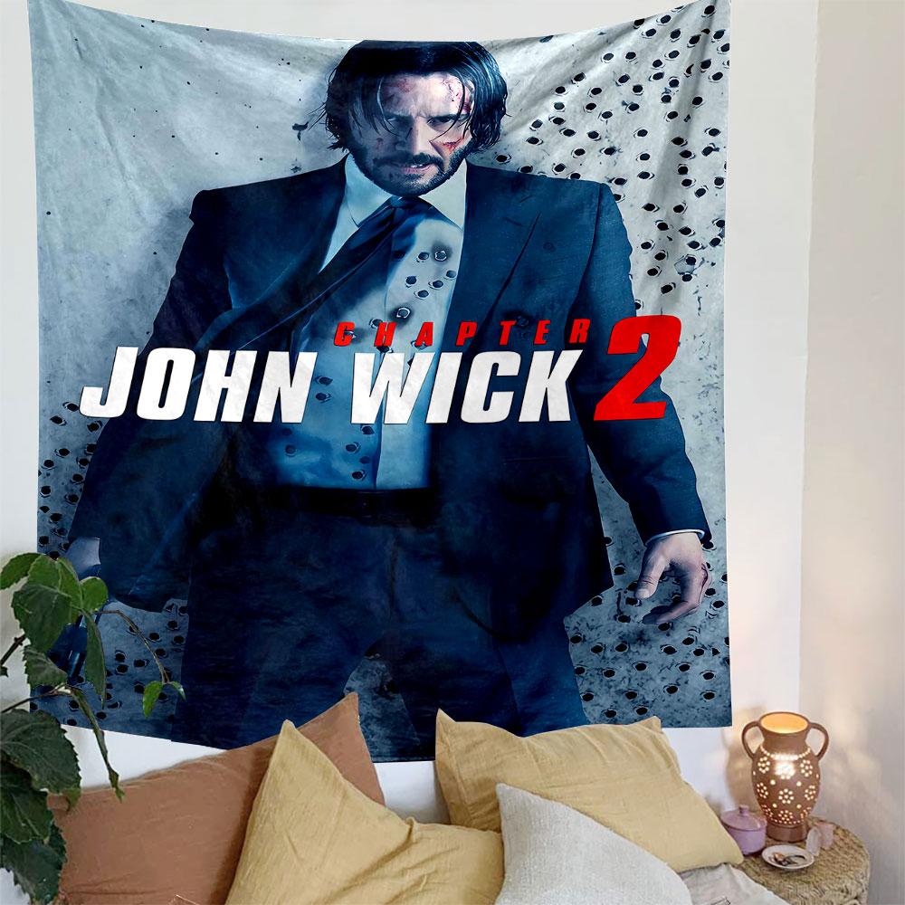 A suited man with a gun stands against a bullet-holed wall. Patterned tapestry for bedroom and living room home decor