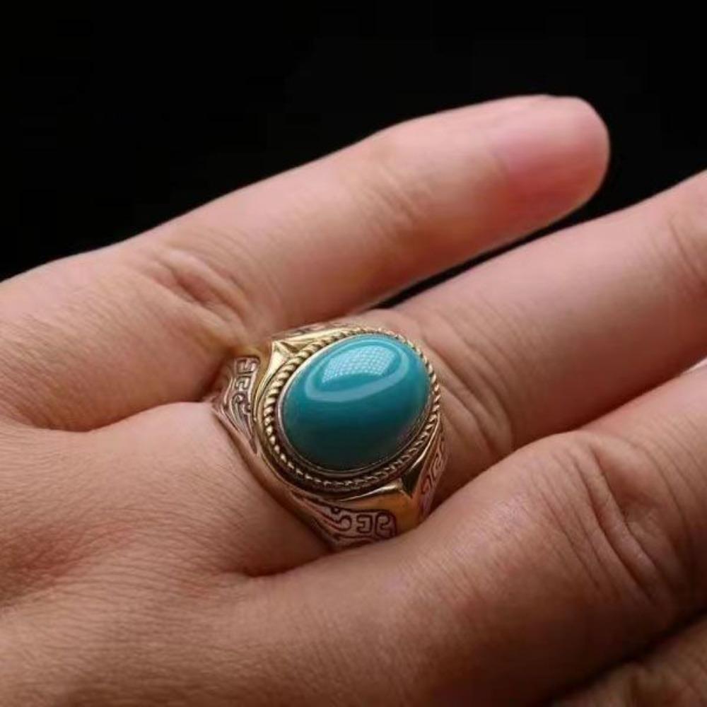 Imitation Turquoise Men's Ring Ring Silver-plated Ring Design Ethnic Style Mongolian Elements Retro