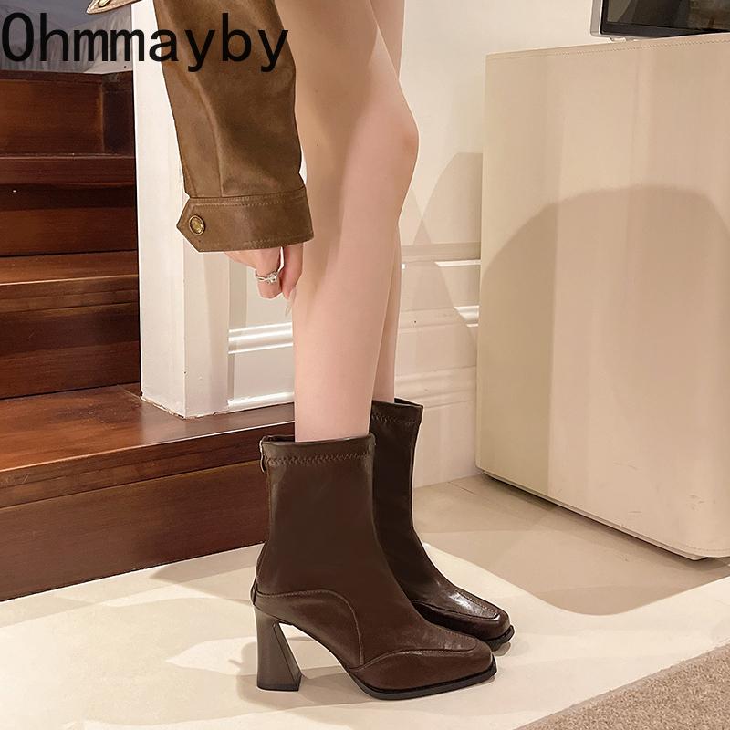 Autumn Elastic Slim Women Ankle Boots Thick High Heels Ladies Shoes Fashion Pointed Toe Comfortable Short Botas De Mujer