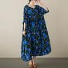 Blue Floral Cotton Linen Plus Size A-Line Dress - Summer 2023, Short Sleeve, Loose Fit