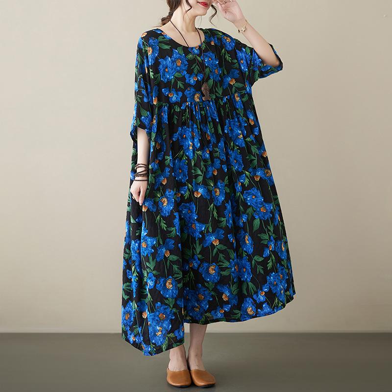 Blue Floral Cotton Linen Plus Size A-Line Dress - Summer 2023, Short Sleeve, Loose Fit