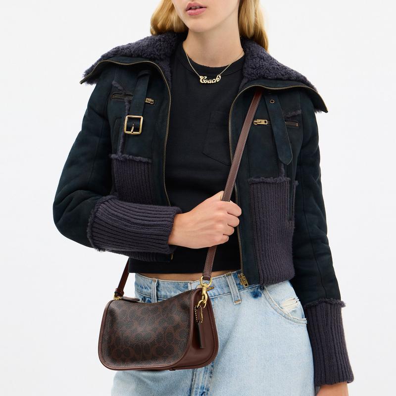 Coach Waverly 24 Brass Metal Hardware Faux Leather with Calf Leather Crossbody Shoulder Bag Medium Women's Maple Brown