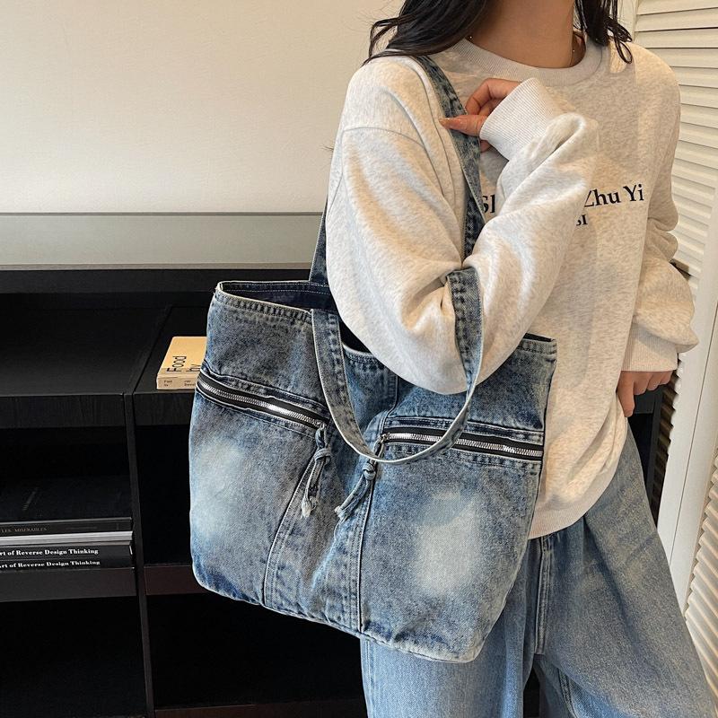 Vintage Denim Toteväska Ficka Pendlarväska