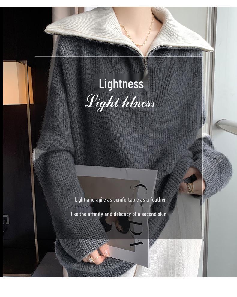 Women's Wool Color Block Half-Zip Casual Sweater with Big Lapel