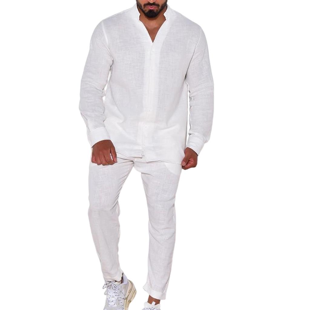Men's  Leisure  Fashion  Flax  Long  Sleeves  Workwear  Trousers  Two  Pieces  Set