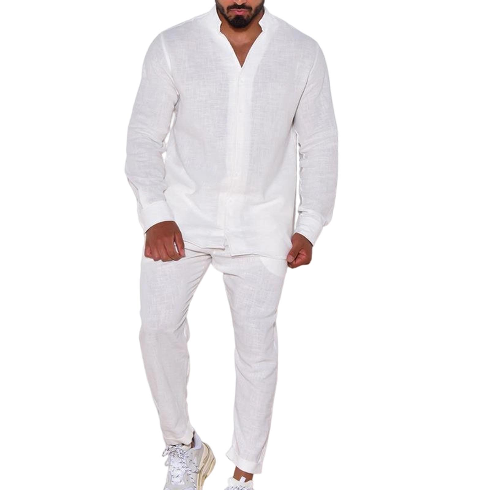 

Мужской Повседневный Модный Льняной С Длинными Рукавами Рабочая одежда Брюки Комплект из двух предметов XL белый