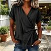 Women Tops V Neck Short Sleeve Pure Color Shirt with Side Tie Irregular Loose Fit Tee Shirt Summer Daily Wear
