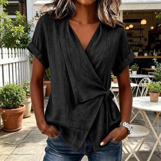 Women Tops V Neck Short Sleeve Pure Color Shirt with Side Tie Irregular Loose Fit Tee Shirt Summer Daily Wear