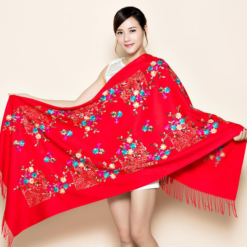 300g Faux Cashmere Embroidered Plum Blossom Scarf, Women's Ethnic Travel Wrap - Warm New Year Holiday Shawl