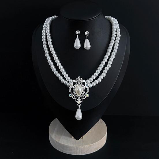 2Pcs/Set Imitation Pearl Jewelry Set Retro French Style Blue Waterdrop Faux Gem Charm Necklace Earrings Set