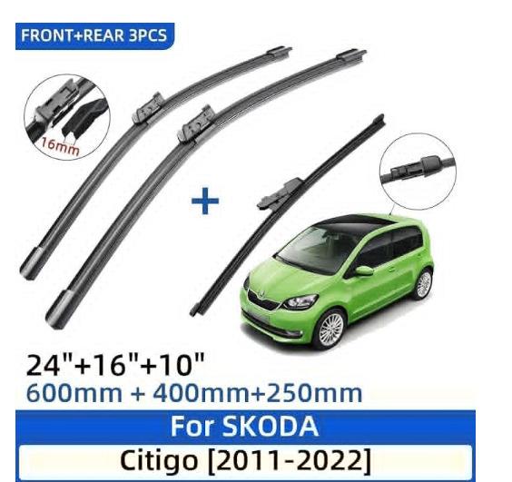 

Suitable for Skoda Citigo 2011-2025 Wipers 24 + 16 + 10 front and rear 3 wipers Skoda Citigo 2011-2021 24+16+10