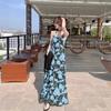 Huge Good-looking Blue Floral Suspender Dress for Women's Summer High-end Seaside Vacation Loose Travel Beach Dress