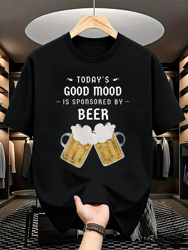 1pc Male Graphic T Shirt Beer Print Funny Slogan Short Sleeve Crew Neck for Teenagers, for Teenager