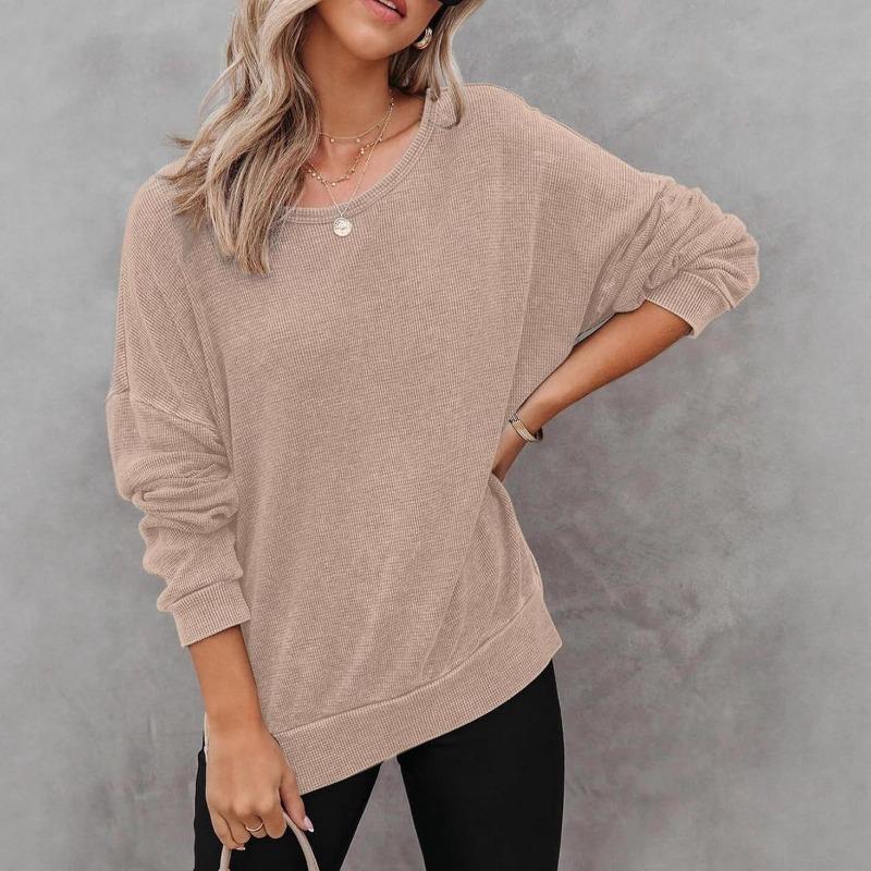 New Autumn Women s Round Neck Long Sleeve Side Slit Waffle Simple and Versatile Sweatshirt S хаки