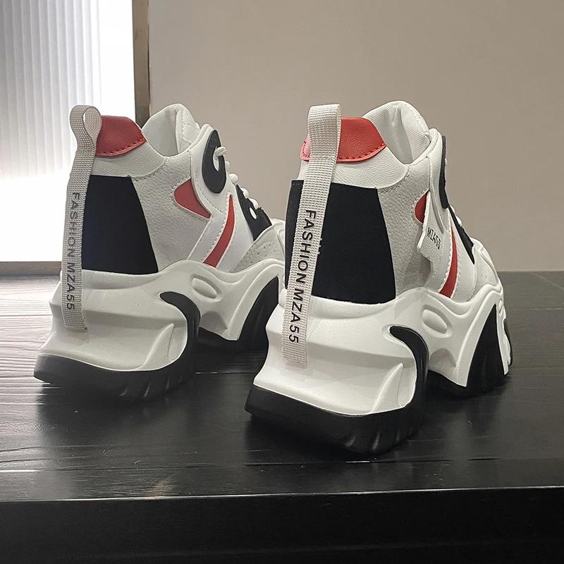 Fashion Women Walking Sneakers 2024 Autumn Lace-up High Platform Chunky Shoes Breathable Leather Shoes 10.5CM Wedge Heels Casual Shoes