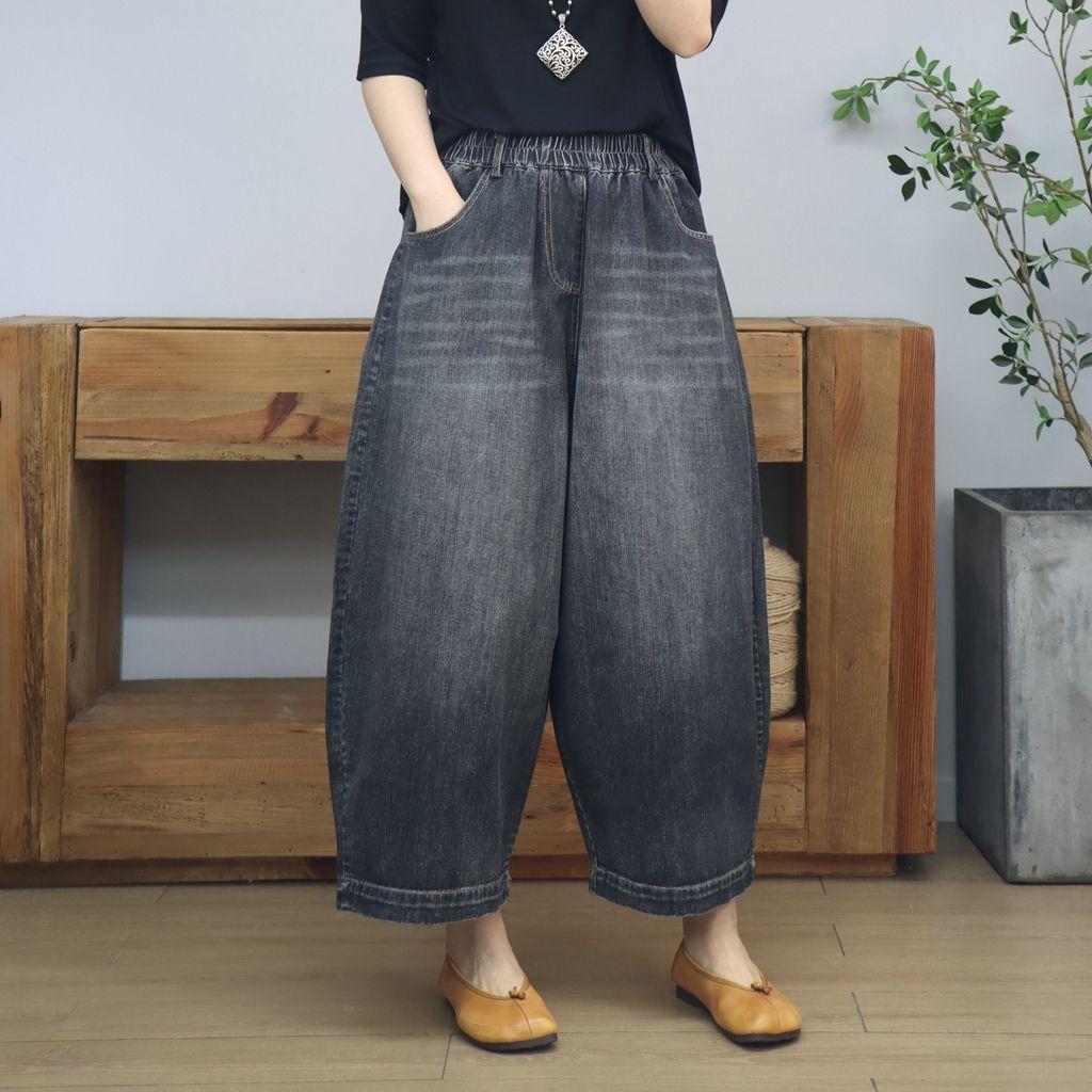 Pantaloni Larghi Retro in Denim Versatili per Primavera ed Estate Donna Taglia Grande Semplici e Sottili Carota Nove Punti