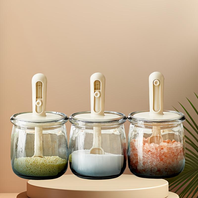 3pcs Glass Spice Jars with Airtight Lids , Retractable Spoons , Food Grade Moisture Proof Seasoning Containers for Salt, MSG, Herb