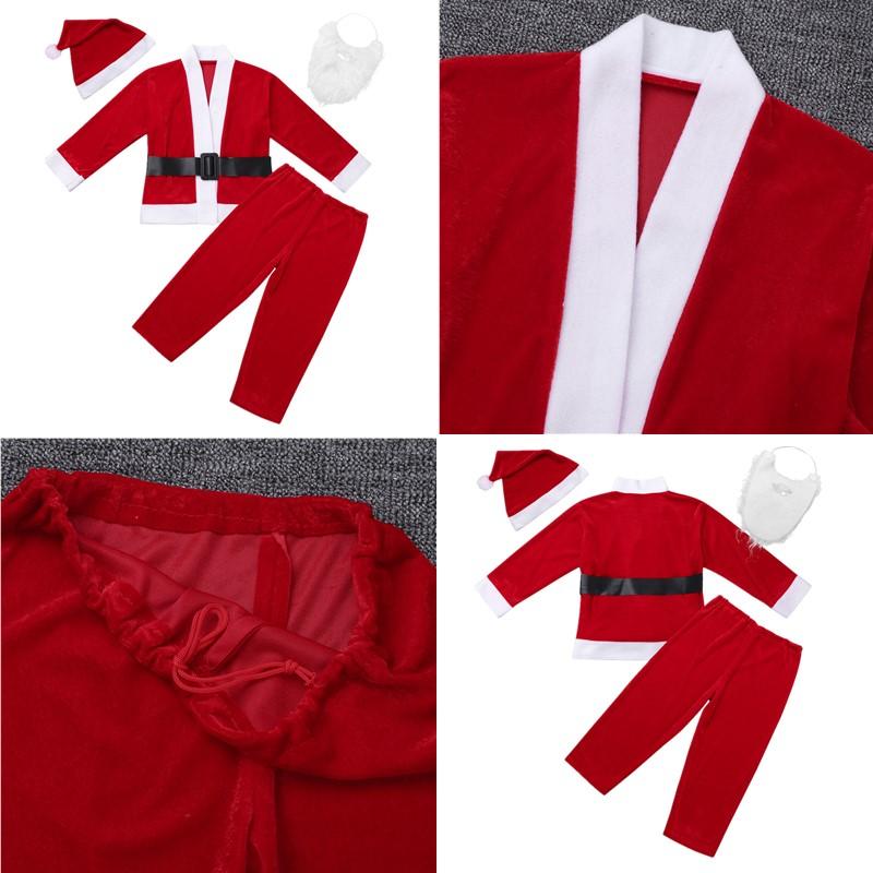 Kostium Strój Świętego Mikołaja dla Dzieci Chłopców Bluzki z Długim Rękawem Zestaw z Kapeluszem, Brodą, Spodniami i Paskiem na Imprezę Cosplay Przebranie na Boże Narodzenie