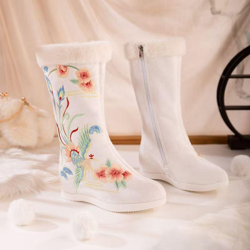 Women Winter New High Top Embroidered Cotton Boots Ethnic Style Round Toe Increased Internal Plush Keep Warm Red Wedding Boots