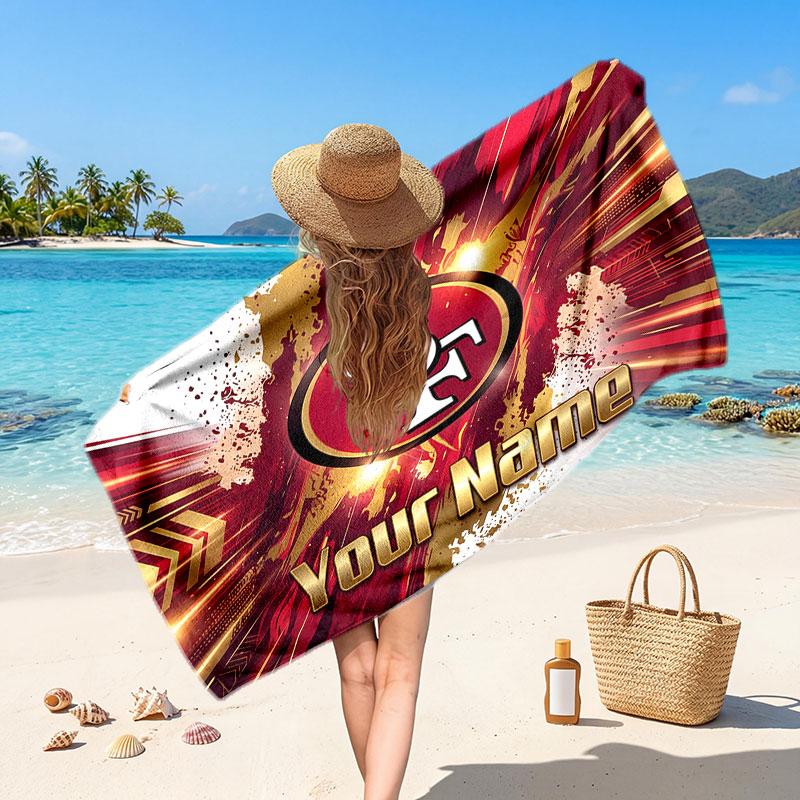 San Francisco 49ers Customized Name Text Beach Towel, Soft Absorbent Towel Beach Pool Travel Personal Gift