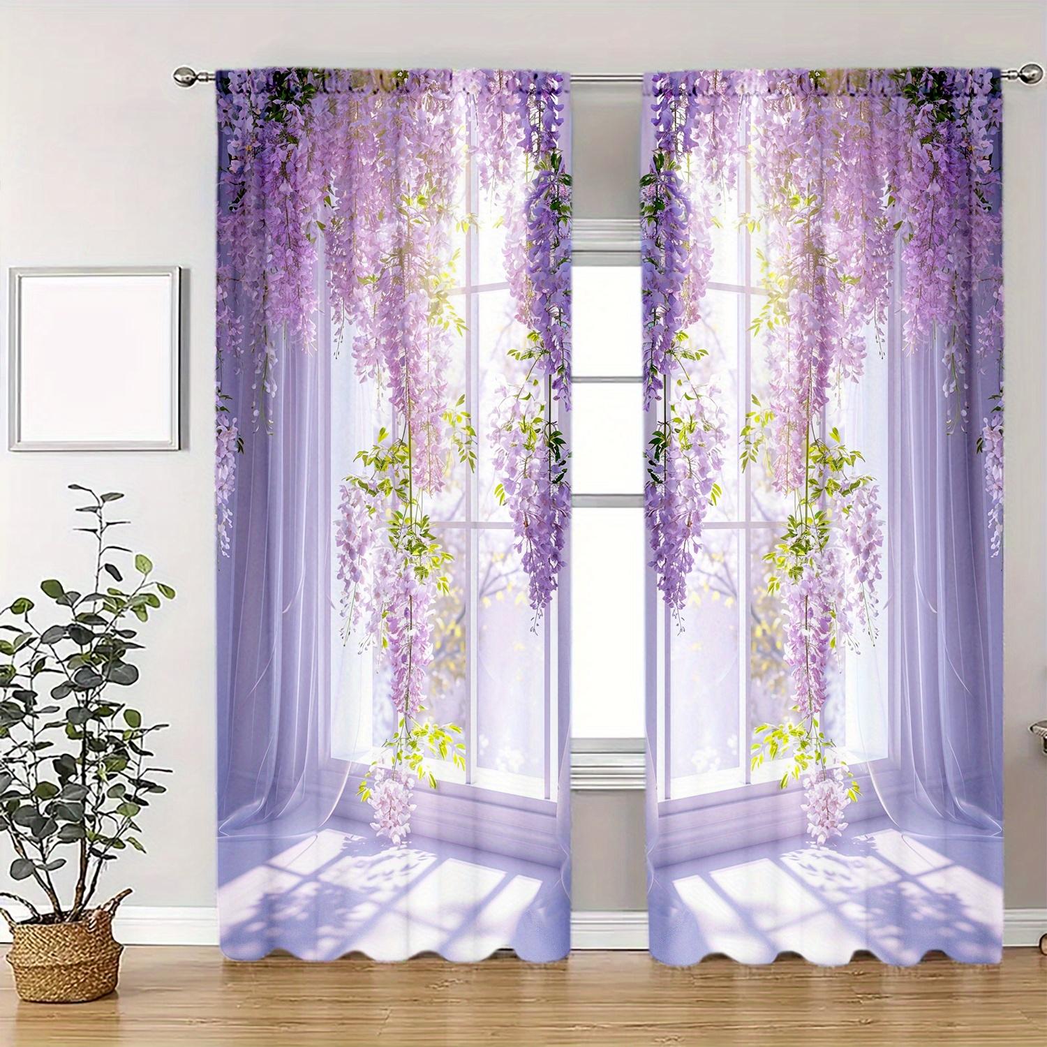 

Комплект из 2 шт. Фиолетовых цветочных штор с 3D-принтом - Карманный дизайн для удобного подвешивания, идеально подходит для декора окон в спальне и гостиной (W50H130cm)-2pcs&Grommet Top