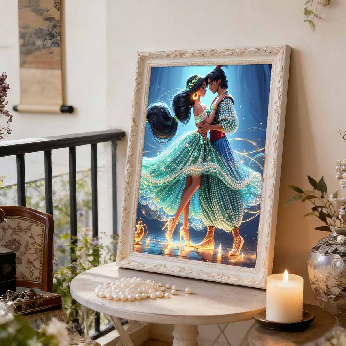 

Middle Eastern Couple Pearl Inlaid Frameless Art | Green Gown & Magic Lamp Elements | Romantic Wall Decor for Bedroom & Living Room 35x45cm