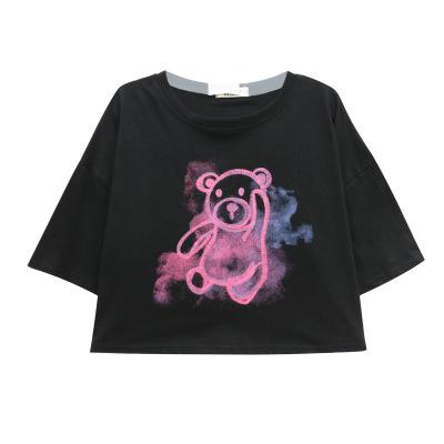Summer Korean Version of the New Loose Short Fun Bear Print Playful Navel Short-sleeved T-shirt Top Women Ins