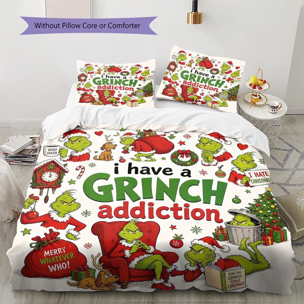 1PC Grinch Pattern Bedding Quilt Set Quilt Cover Pillowcase Home Decoration Birthday Gift (1 * Duvet Cover + 2 * Pillowcase, Without Core)