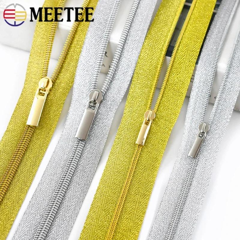 2/3/5M Meetee 3# 5# Gold Sliver Nylon Zipper with Sliders Coil Zips for Handbag Repair Kit Zippers Tape DIY Sewing Accessories