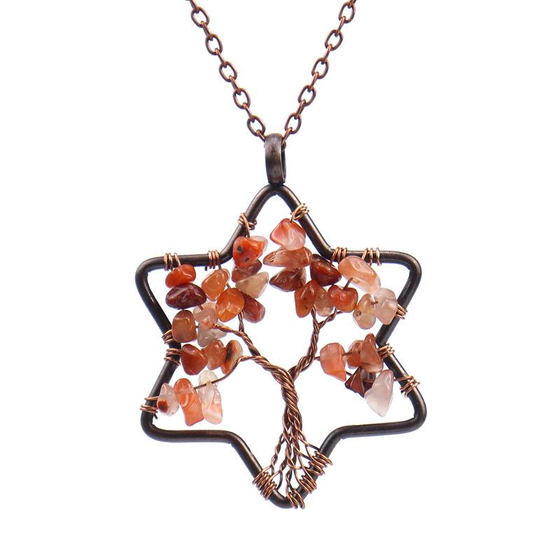 Handmade Wire Wrapped Six-Pointed Star Tree of Life Necklace with Natural Crushed Stone Crystal Beads