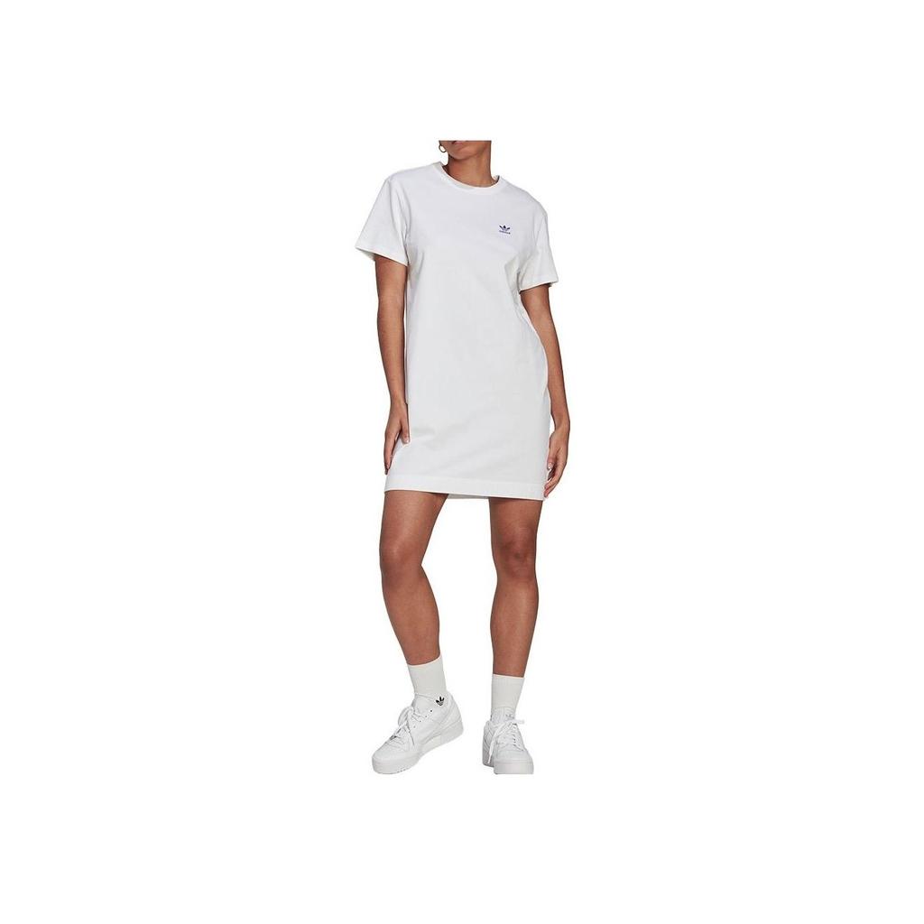 Adidas Originals Solid Color Logo Print Round Neck Short Sleeve Dress Women Dress White HL6613