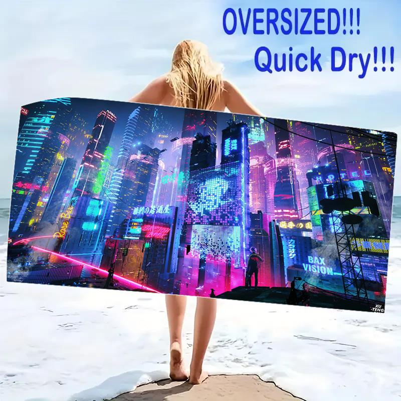 Cyberpunk Print Beach Towel, Large Soft Quick Dry Towel for Beach Camping Swimming