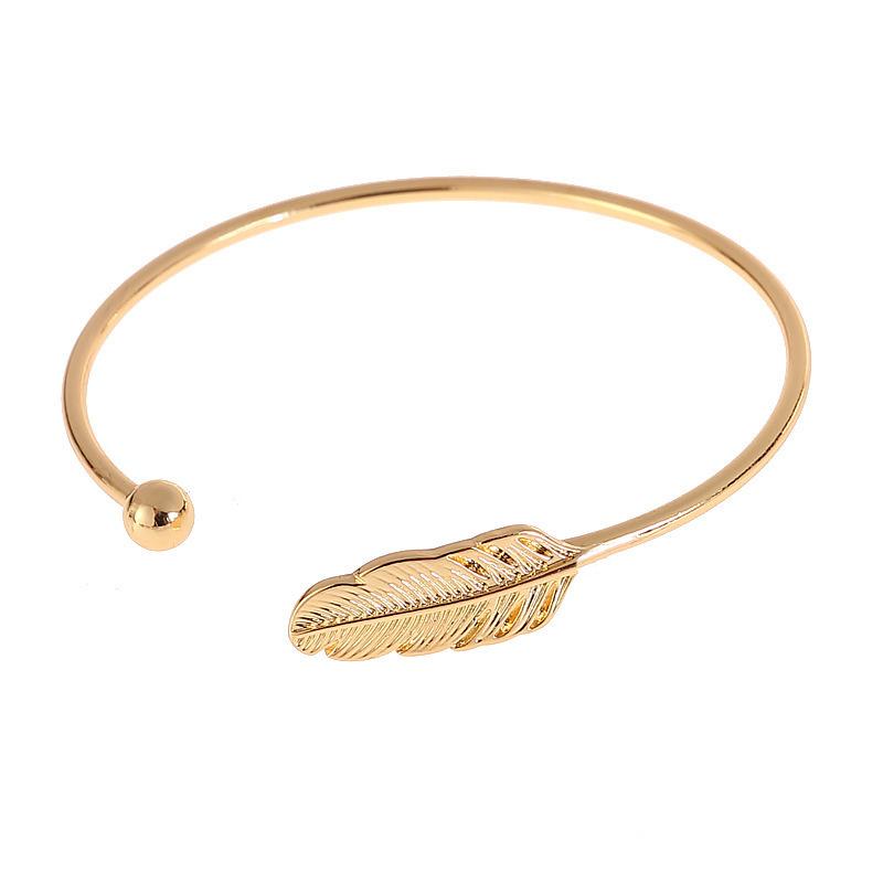 Open Cuff Women's Bangles Gold Color Metal Feather Shape Adjustable Open-Bangle Punk Fashion Hiphop Style Wrist Jewelry Pulseras