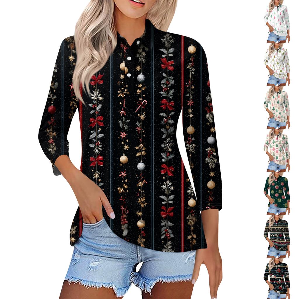 Women's Fashion Casual Button 3/4 Sleeve Vintage  Print Lapel Top