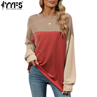 Chemisiers et chemises décontractés à manches longues et col rond pour femmes, mode printemps-automne imprimé bloc de couleurs