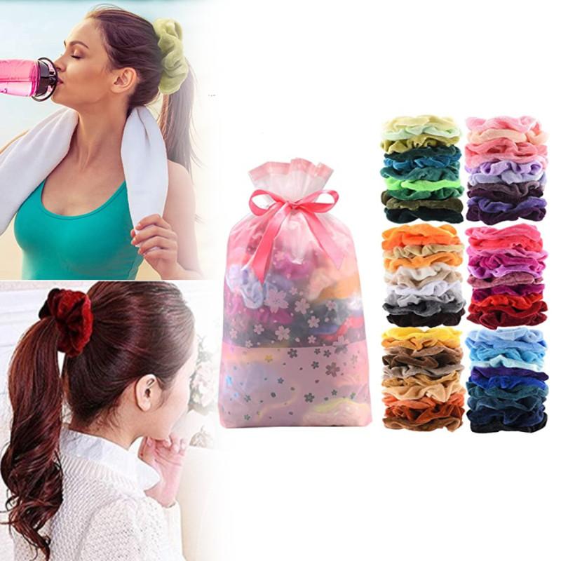 60pcs Premium Velvet Hair Scrunchy Hair Band Women Girls Hair Accessory Bag Gift
