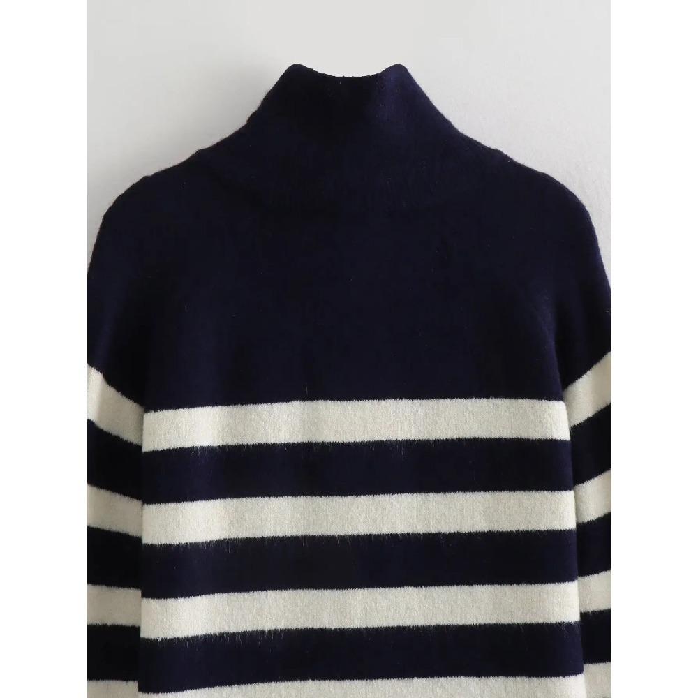 Autumn Winter Fashion Striped Zippered Lapel Long Sleeve Loose Casual Knitted Sweater for Women