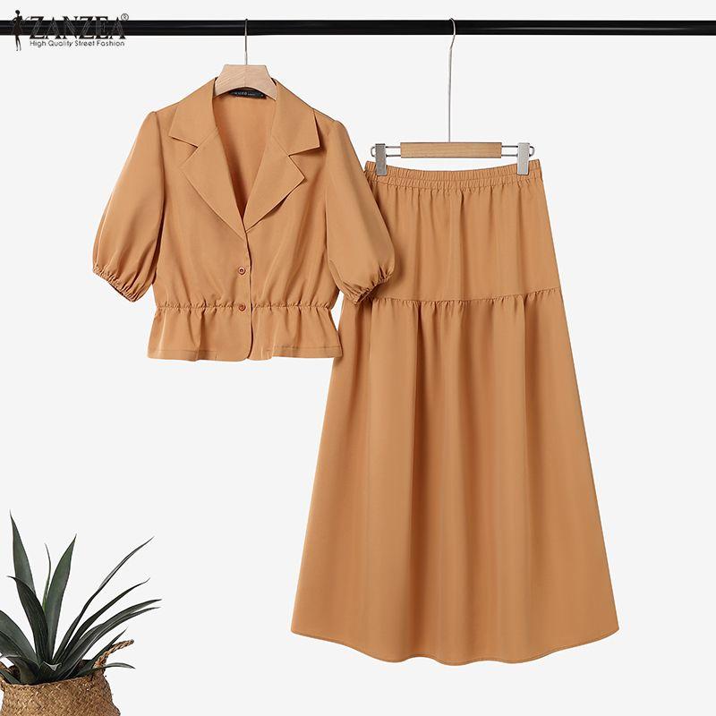 ZANZEA Women Short Sleeve Blouse and Long Skirt Casual Two Piece Suit Sets