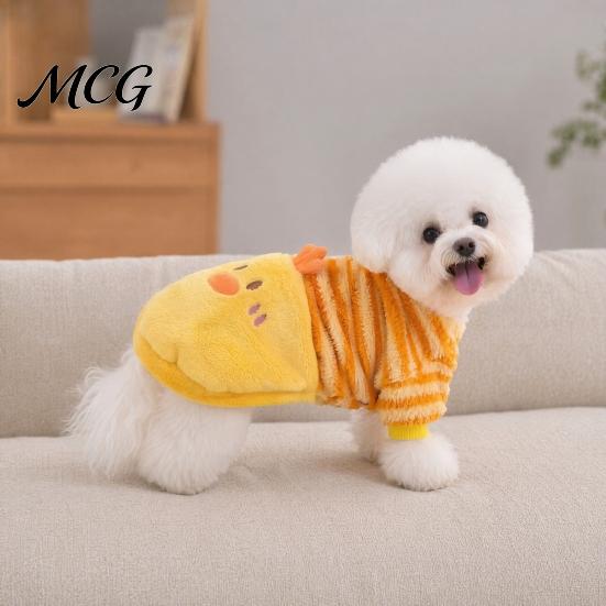 Cozy Dog Shirt Cute Duck Shirt, Striped Plush Pet Clothes, Snap Button Coat Closure, Warm Autumn Winter Outfit for Small Medium Dogs Skin-friendly