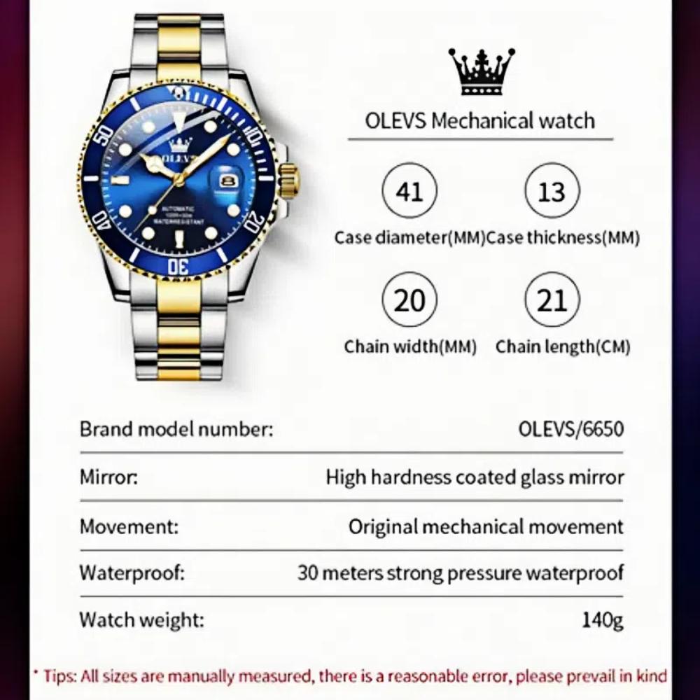 OLEVS Self Winding Mens Watch Classic Green Water Ghost Waterproof Automatic Mechanical Top Luxury with Gift Box