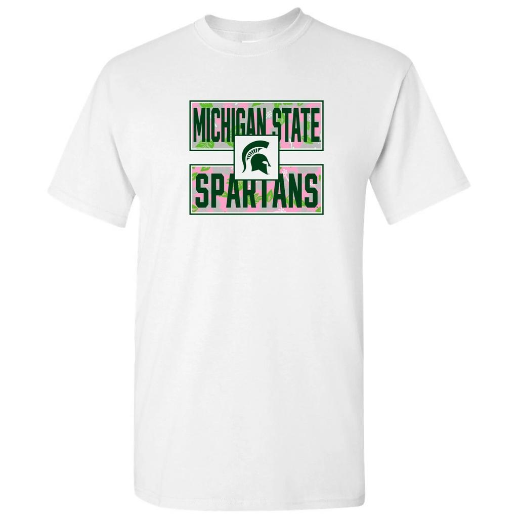 Michigan State Spartans Hibiscus Pattern Blocks T Shirt - White