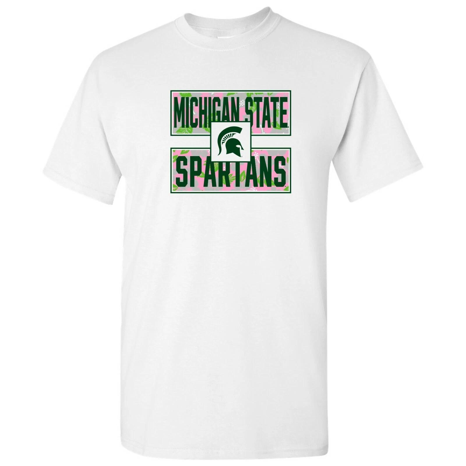 Michigan State Spartans Hibiscus Pattern Blocks T Shirt - White 3XL