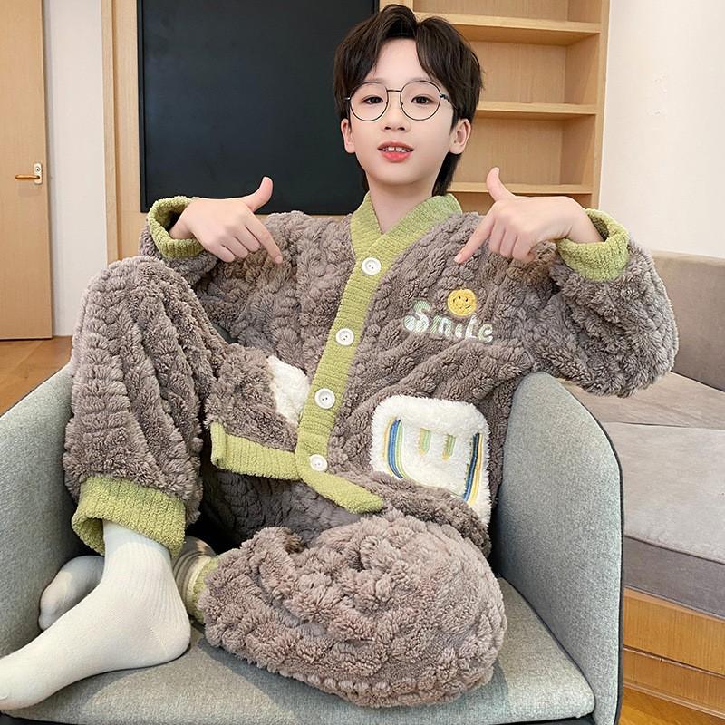 Boys Winter Warm Fleece Pajama Set With Zipper Collar Cartoon Print Long Sleeve Sleepwear Ages 8-14