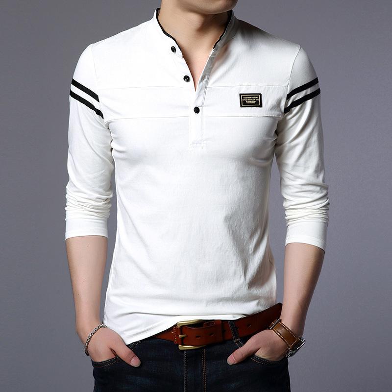 

Мужская весенняя повседневная деловая футболка с длинным рукавом и воротником-стойкой S белый