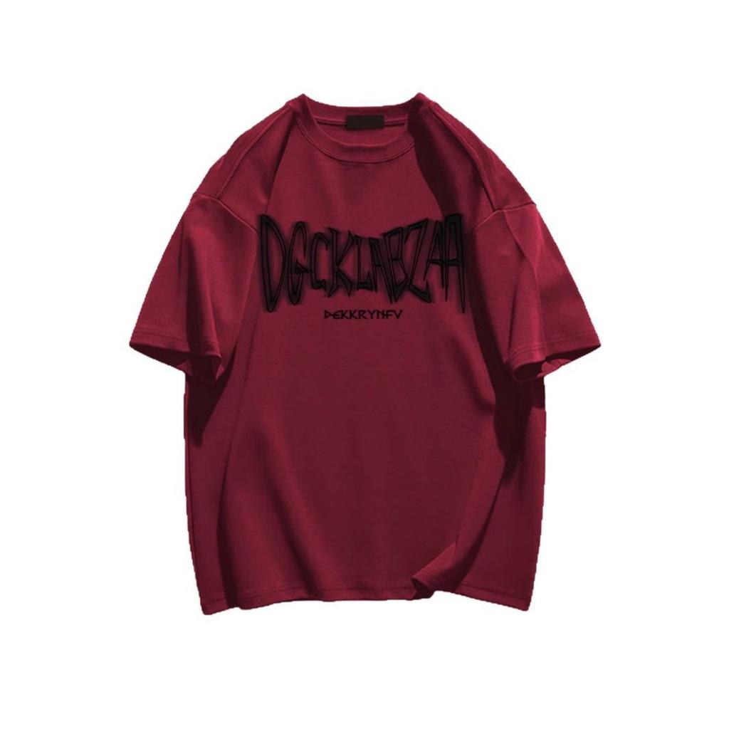 Burgundy Heavy Quality Cotton Short-Sleeved T-Shirt Men'S Summer New American Casual High Street T-Shirt Loose
