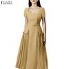 ZANZEA Women Square Collar Casual Short Sleeve Elegant Long Dress