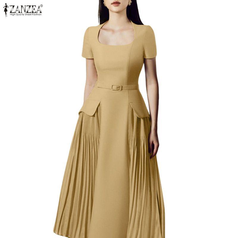 ZANZEA Women Square Collar Casual Short Sleeve Elegant Long Dress