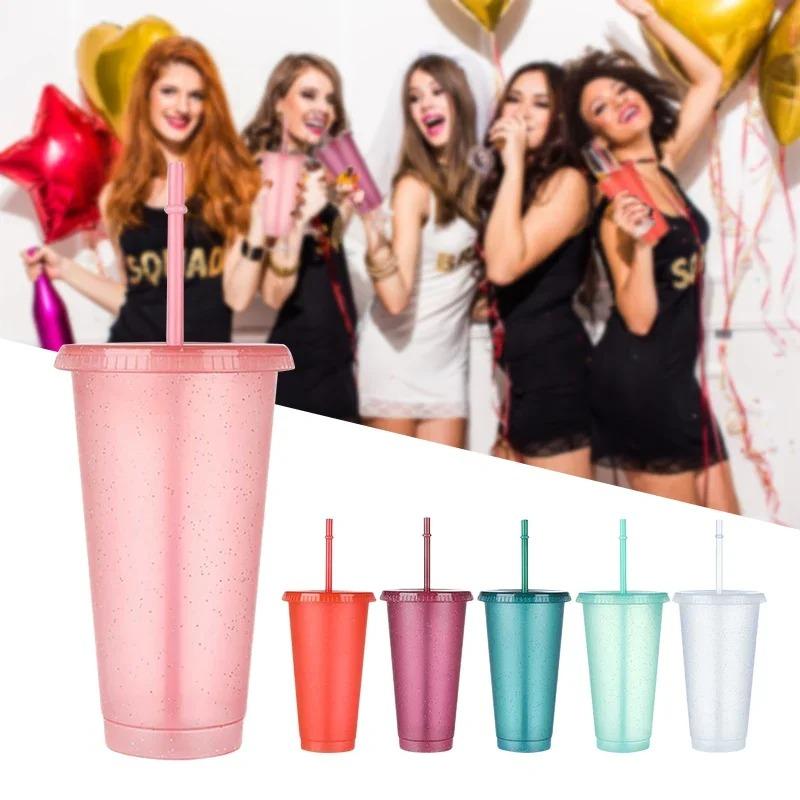 5pcs 24oz plastic cups with lids&straw reusable water bottle party cold cups Hard Plastic Cup Wedding Party Summer Drinkware