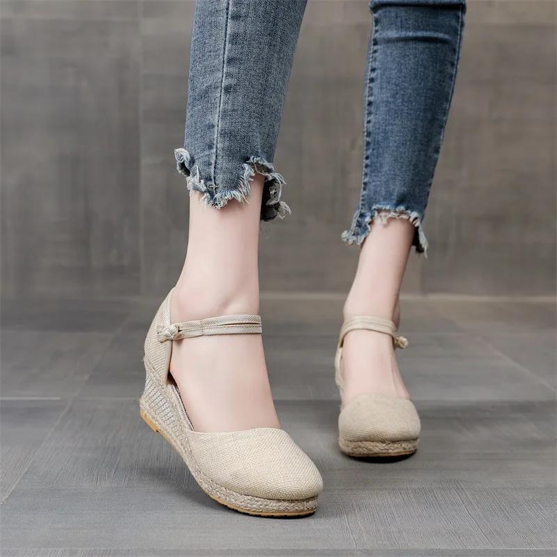 Women's Wedge Ankle Strap Sandals Spring, Summer Boho Style Solid Color Wedge Platform Sandals Woven Walking Shoes for Footwear