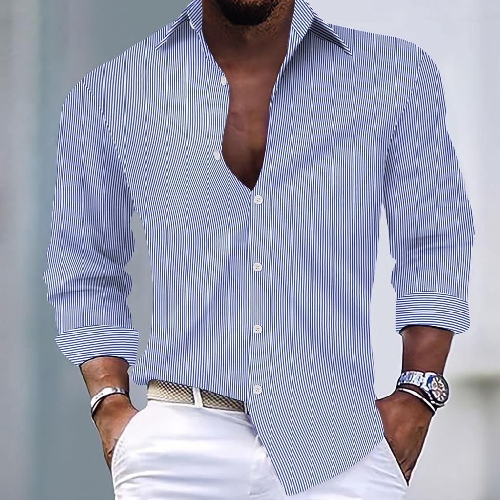 Camicia casual da uomo a righe con revers a maniche lunghe